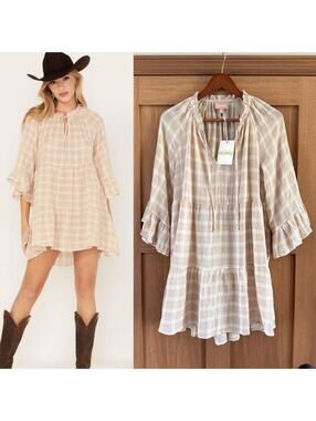 NWT Show Me Your MuMu Viola Plaid Bell Sleeve Mini Dress Beige/ Cream Women’s XS